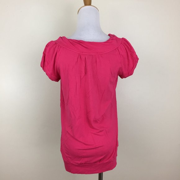 BCBGMAXAZRIA Dark Pink Twisted Round Collar Short Sleeve Banded Hem Shirt - Picture 8 of 8